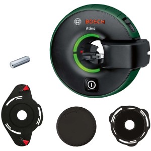Laser lignes Bosch Atino avec accessoires : mètre ruban, pile, coussinets de gel et épingles pour un alignement précis.