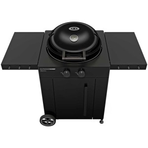Outdoorchef Arosa 570 G Evo Gasgrill in Schwarz mit Seitenablagen und Thermometer.