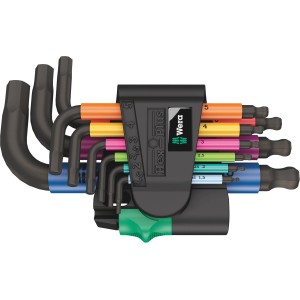 Wera Winkelschlüsselsatz, 9-teilig, farbcodiert, metrisch, mit Halteclip für Reparatur und Montage.