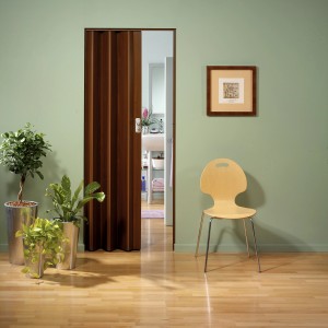 Porte pliante Spacy Palisandre, 84x205 cm, dans salon avec plantes et chaise