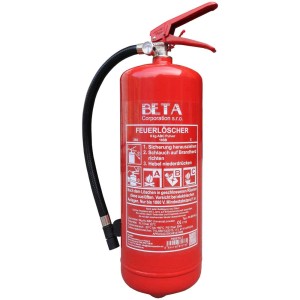 Extincteur à poudre rouge de 6 kg avec tuyau et manomètre pour la protection incendie.