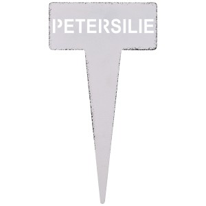 Weißer Kräuterstecker Petersilie aus Metall, 15 cm hoch, für Gartendekoration.