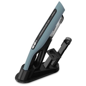 Aspirateur à main Trisa Quick Clean Comfort T1911 bleu clair avec station de charge et accessoires.