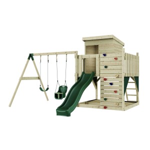 PolarPlay Torre gioco Björn con scivolo, altalena e parete da arrampicata, in legno.