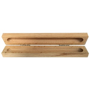 Offenes Holzetui für Kugelschreiber, Naturholz, mit Metallscharnieren.