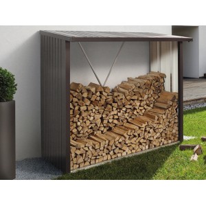 Étagère à bois Biohort WoodStock en gris quartz métallisé avec bois empilé.