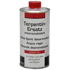 Farbloser Terpentinersatz, entaromatisiert, 500 ml, in einer Metalldose mit rotem Deckel.