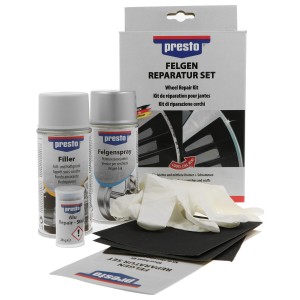 Kit di riparazione cerchi Presto con spray, stucco e carta vetrata per la riparazione della vernice.