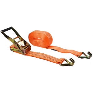 Sangle d'arrimage orange en 2 parties (8 m x 5 cm) avec cliquet et crochets pour un transport sûr.
