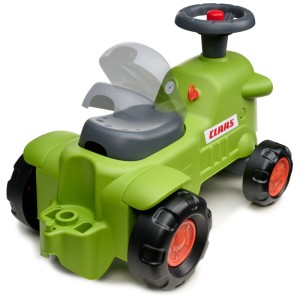 Falk Claas Rutscher Vintage, cavalcabile verde con sedile ribaltabile e logo Claas.