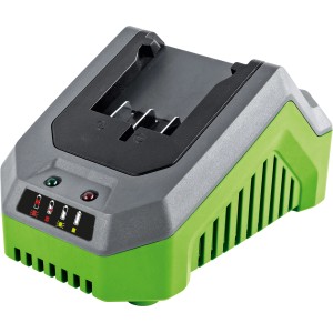 Chargeur pour élagueuse à batterie LUX 1 PowerSystem. Design gris et vert avec indicateur de charge.