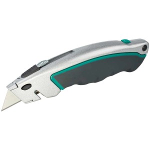 Coltello professionale Wolfcraft con lama trapezoidale retrattile, corpo in metallo con impugnatura grigia.