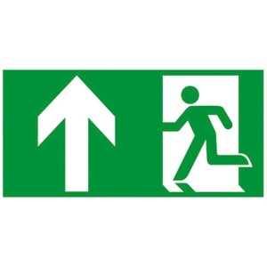 Panneau de sortie de secours vert Alpertec avec flèche et personne courant, indiquant la sortie de secours tout droit.