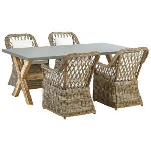 Ensemble de jardin Maros/Olbia 5 pcs: table plateau béton, piètement acacia, 4 chaises rotin avec coussins.