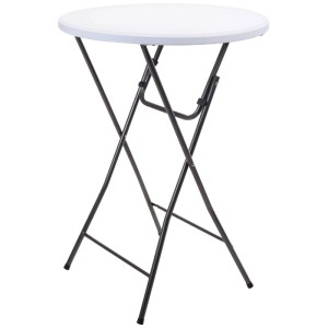 Tavolo bar pieghevole con piano rotondo bianco e struttura in acciaio nero. Ideale per giardino.