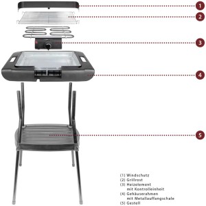 Clatronic BQS 3508 barbecue elettrico: grill da terra con paravento, griglia, elemento riscaldante, alloggiamento e telaio.