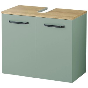 Meuble sous-vasque Pelipal Quickset 500 sauge avec plateau décor bois.