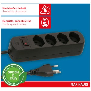 Multiprise noire Max Hauri avec 4 prises de type 13 et câble de 1,5 m.
