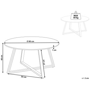 Schéma de la table basse IVINS, céramique aspect marbre, structure en métal noir, dimensions : Ø 80 cm, hauteur 40 cm.