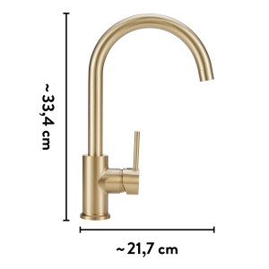 Miscelatore cucina baliv KI-1833 oro con bocca alta e curva e leva laterale.
