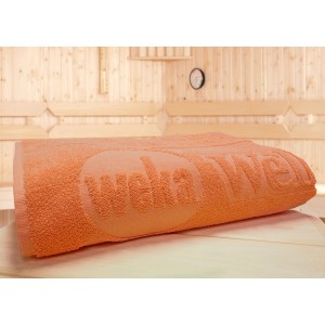 Serviette de sauna Weka orange mandarine avec logo Weka, extra large et absorbante.