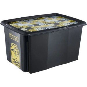 Boîte de rangement noire Keeeper Karolina Minions, 45 l, avec couvercle et motif Minions.