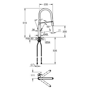 Disegno tecnico del miscelatore monocomando per lavello Grohe Concetto con dimensioni.