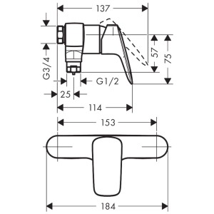 Disegno tecnico miscelatore doccia Hansgrohe Logis, montaggio esterno, misure in mm.