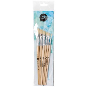 Set de 6 pinceaux plats avec poils synthétiques et manches en bois dans un sac plastique transparent.