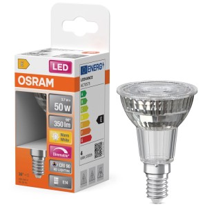 Osram LED reflector PAR16 E14, dimmerabile, 2700K, 3.7W, accanto alla confezione.