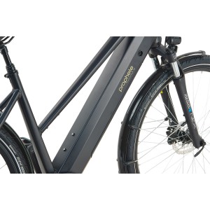 E-bike da trekking Prophete Entdecker 2.0 da donna nera con telaio trapezoidale e batteria integrata.
