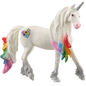 Schleich Licorne arc-en-ciel mâle Bayala, figurine détaillée avec crinière arc-en-ciel et cœur.