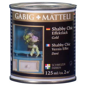 Barattolo di vernice effetto Shabby Chic oro Gäbig+Mätteli, 125ml, per accenti di colore decorativi.