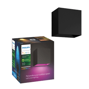 Philips Hue Resonate Down: Schwarze LED-Außenwandleuchte mit Farbwechsel und Verpackung.