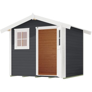 Abri de jardin anthracite avec toit à deux pentes, porte en bois et fenêtre. Idéal comme remise à outils ou salle de loisirs.