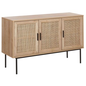 Buffet Pasco marron clair avec façades en rotin et pieds en métal noir, 76x120x40 cm.
