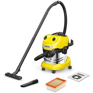Aspiratore multiuso Kärcher WD 4 S V-20/6/22 con accessori come ugelli, filtro e sacchetto per la polvere.