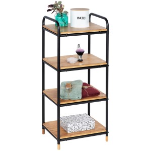 Wenko Scaffale Loft Bamboo Marrone con 4 ripiani e struttura in metallo nero, con decorazioni.