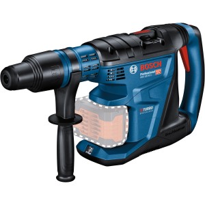 Perforateur burineur sans-fil Bosch Professional GBH 18V-40C Solo, bleu et noir avec poignée supplémentaire.