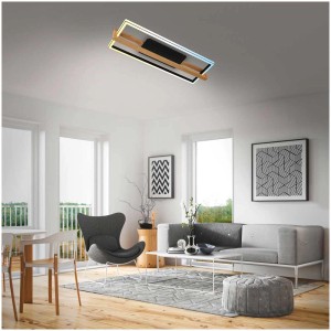 Plafonnier LED moderne dimmable noir avec cadre en bois et changement de couleur dans le salon.