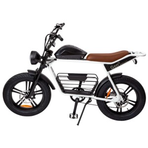 E-Bike bianco Gen2 Blazer Fat Tire con portapacchi e sella marrone.