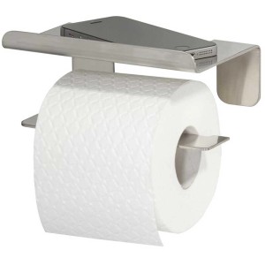 Porta carta igienica Tiger Colar con mensola in acciaio inox spazzolato, include rotolo di carta igienica e smartphone.