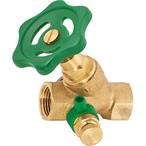 Robinet d'équerre en laiton Ø 18,6 mm avec volant vert pour réguler le débit.