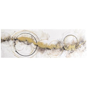 Quadro su tela dipinto a mano Golden Circles, 30x90 cm, arte astratta con accenti dorati.