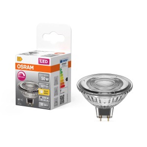 Osram GU5.3 LED Spot MR16, 6.1W, 2700K, 621lm, dimmerabile. Lampadina e confezione.