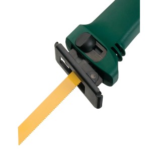 Lame de scie sabre LUX pour bois fin, 150 mm, lot de 2. Lame jaune dans scie verte.