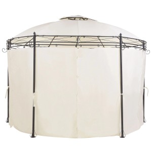 Gazebo Safara beige con struttura in acciaio e tende per il giardino.