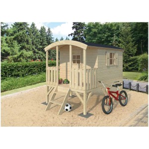 Cabane sur pilotis Pletscher Kevin en épicéa, 225x203x180cm, avec échelle, ballon et vélo dans le jardin.