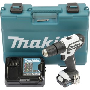 Avvitatore a percussione a batteria Makita HP333DSAW con batteria, caricabatterie e valigetta.