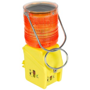 Luce di segnalazione ibrida Crafttools: Base gialla con luce arancione lampeggiante e pannello solare.